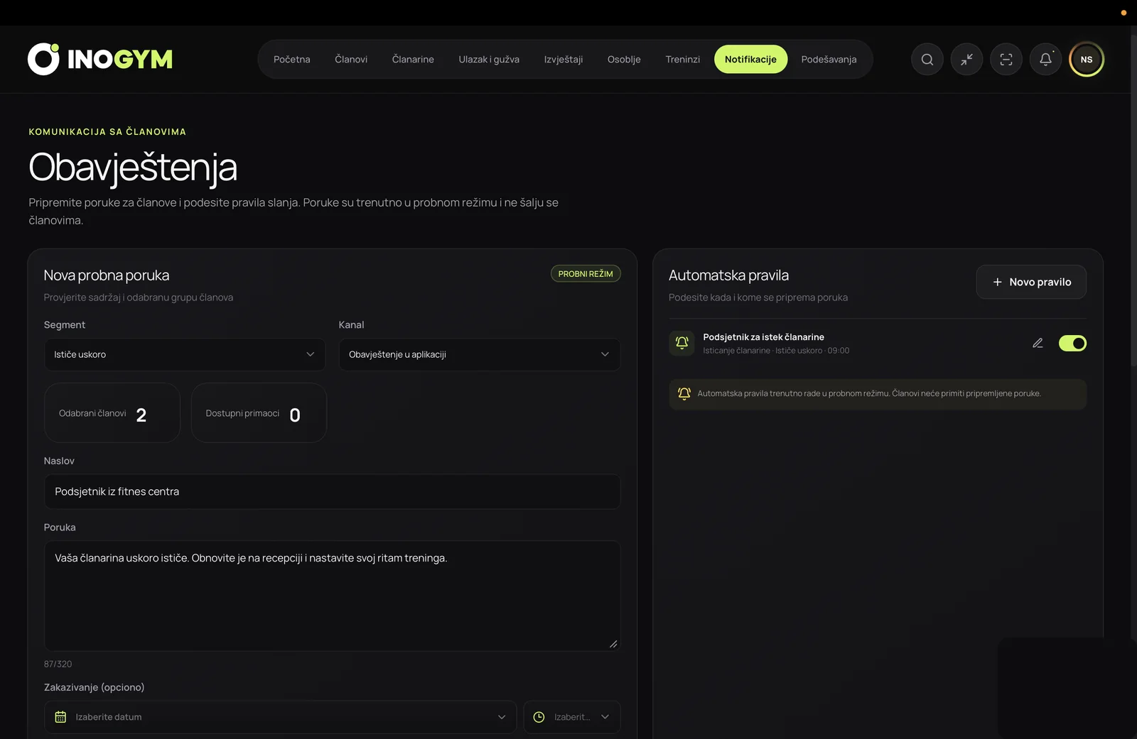 InoGym panel za slanje i automatizaciju obaveštenja