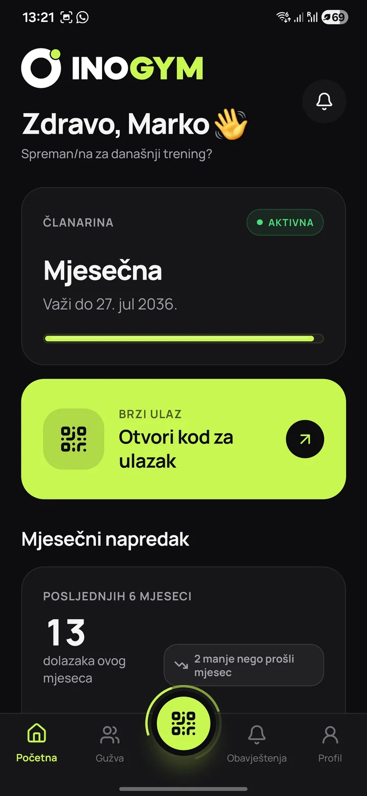 Početni ekran InoGym mobilne aplikacije za članove
