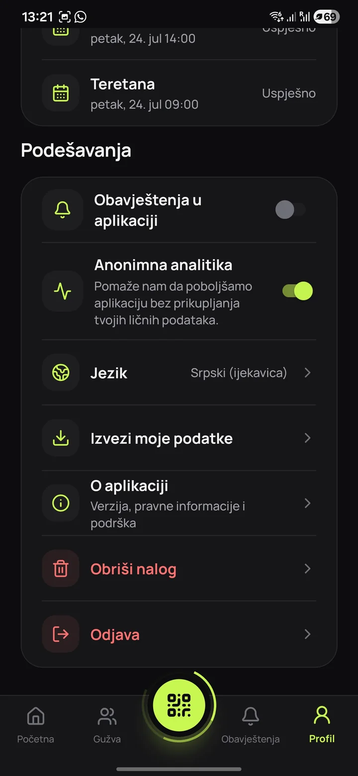Postavke privatnosti, jezika i obavještenja u InoGym mobilnoj aplikaciji