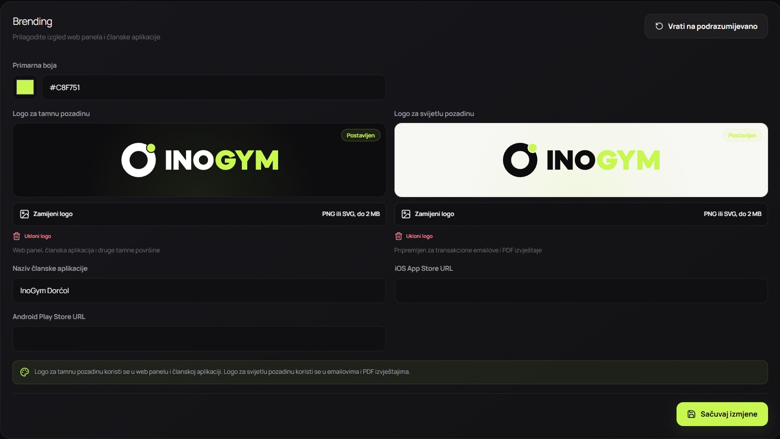 InoGym dashboard for mobile app branding