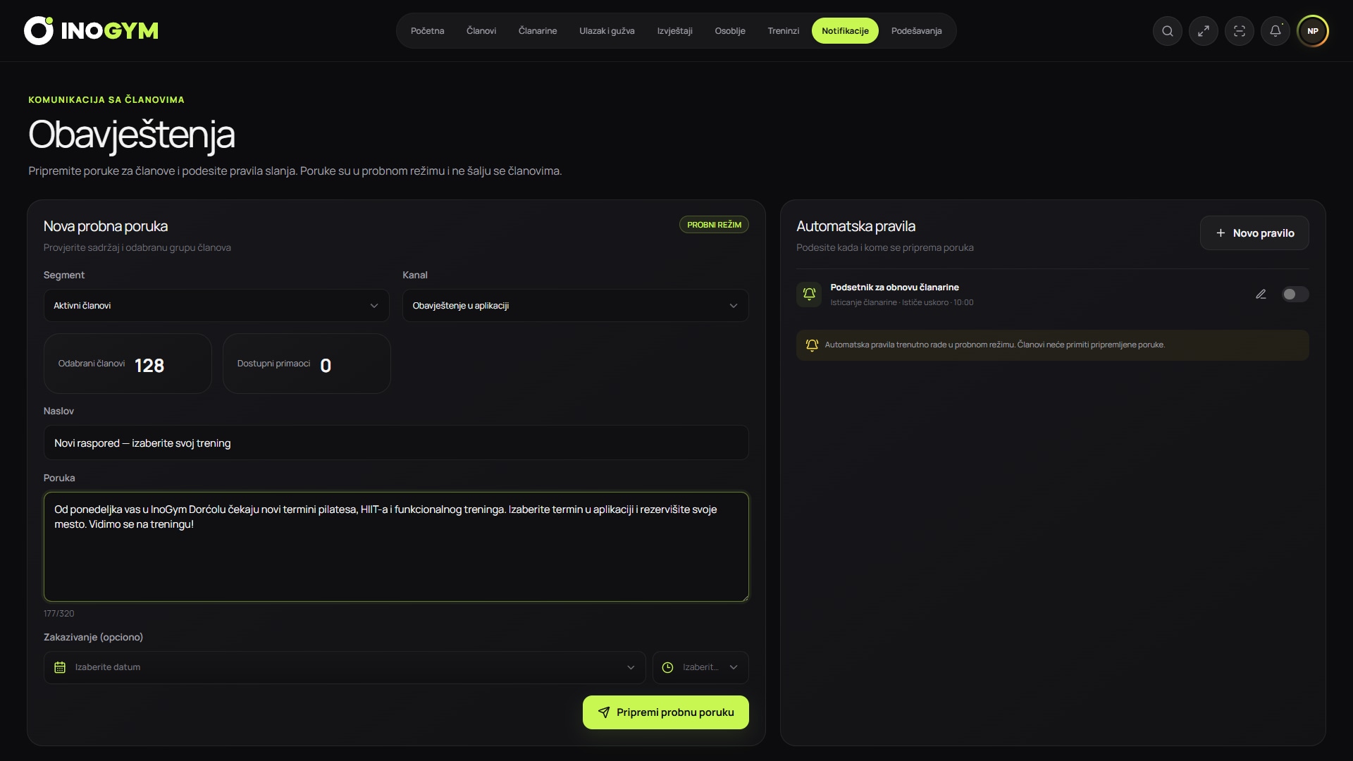 InoGym dashboard for preparing and automating notifications