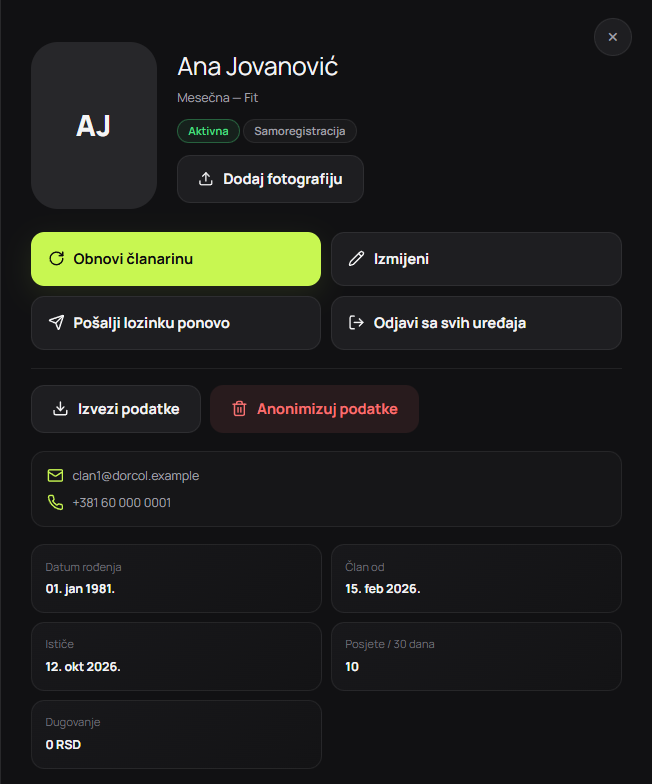 Profil člana sa kontakt podacima, članarinom i brojem poseta
