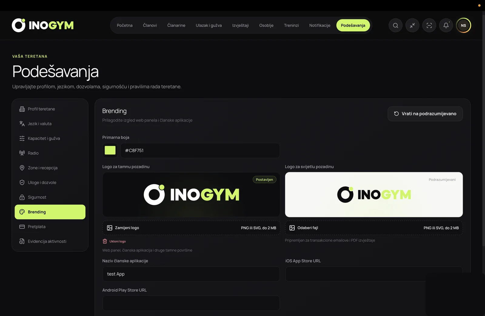 InoGym podešavanje brendirane mobilne aplikacije